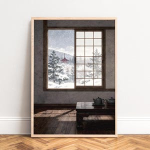 Poster Japanese shoji window,  pagoda in snow,  minimalist wabisabi art,  muted pastels,  calming teapot scene peaceful cozy mood arts