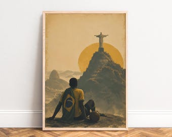 Christ the Redeemer Poster, Vintage Travel Wall Art, Gold Ochre, Living Room Office, Brazil Gift A1/A2/A3/A4