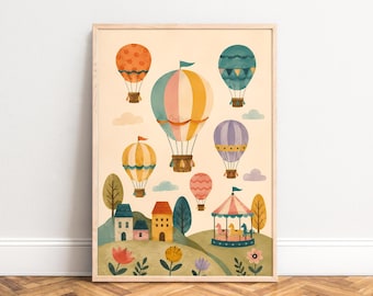 Hot Air Balloon Poster, Vintage Nursery Wall Art, Pastel Colors, Kids Room, Playroom, Gift A3 A4