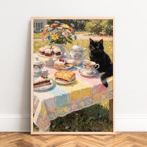 Pôster com cena vintage de chá da tarde, gato preto e porcelana floral, toalha de mesa de piquenique em tons pastel, decoração romântica de verão para jardim.