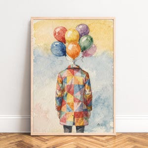 Póster, abrigo de patchwork geométrico en acuarela, globos coloridos, lámina decorativa moderna y divertida para la pared de la habitación infantil, ideal como regalo para el salón.