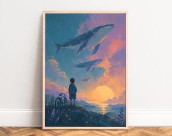 Whale Poster, Fantasy Landscape Wall Art, Blue Orange, Living Room Nursery, Ocean Gift A1/A2/A3/A4