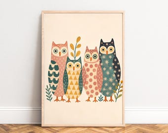 Owl Poster, Vintage Illustration, Beige Pink, Nursery Living Room, Gift for Kids A1/A2/A3/A4