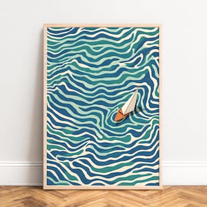 Poster, barca a vela astratta, motivo a onde blu-turchesi, atmosfera costiera minimalista, stampa grafica moderna come decorazione murale per la casa