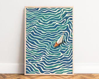 Poster,  abstract nautical sailboat,  turquoise blue wavy pattern,  minimalist coastal mood,  modern graphic print for wall decor homes