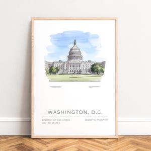 Washington D.C. Capitol Poster, Capitol Illustration Travel Print, Watercolor Sky, Minimalist Wall Art, Coordinates Gift, UNFRAMED