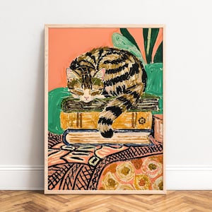 Art Print Sleeping Tabby Cat on Books,  Painterly Illustration,  Peach,  Green Palette,  Cozy Boho Reading Nook Wall Decor,  Gift Now
