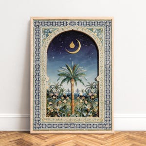 Poster Moorish arch tile,  botanical palm scene,  golden crescent moon,  starry navy sky - teal and gold wall print for living room