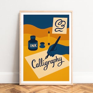 Calligraphy poster - minimal modern design, navy and orange ink, writing desk print, UNFRAMED