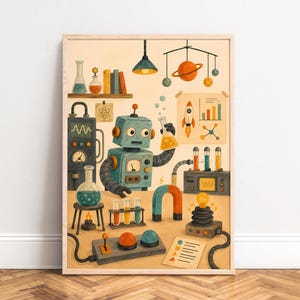 Peut inclure: Une impression d'art mural encadrée représentant un robot bleu dans un laboratoire. Le robot tient un flacon de liquide jaune. La scène comprend des tubes à essai, un aimant en fer à cheval, une ampoule, un schéma de fusée et du matériel scientifique.