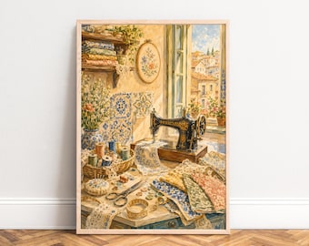 May include: A framed art print depicting a sewing room scene with a black vintage sewing machine, a basket of colourful thread spools, scissors, lace fabric, and a pincushion on a table. A window overlooks a sunlit Mediterranean town landscape.