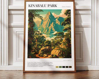 Kinabalu Park poster - Midcentury travel art, tropical mountain landscape in green & ochre, Sabah Malaysia wall decor, UNFRAMED