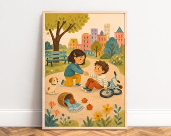 Kids Poster, Friendly Playground Scene, Boho Pastel, Nursery Wall Art, Gift for Children A1/A2/A3/A4