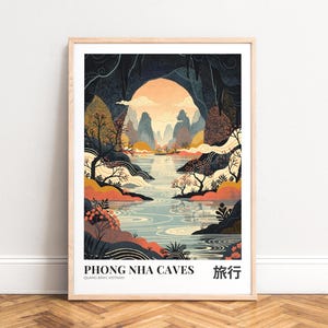 Poster di viaggio Grotte di Phong Nha, illustrazione di un fiume carsico in toni tenui del blu navy e della pesca, SENZA CORNICE