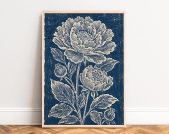 Peony Poster, Vintage Floral Wall Art, Navy Cream, Living Room Kitchen, Plant Lover Gift A1/A2/A3/A4