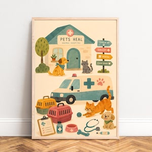 Könnte beinhalten: Ein vertikales Poster mit einem hellen Tierklinik-Gebäude und dem Text PETS HEAL ANIMAL HOSPITAL. Die Szene zeigt einen blauen Krankenwagen, zwei Transportboxen, ein Stethoskop, ein Klemmbrett sowie verschiedene Katzen und Hunde in sanften Farben.