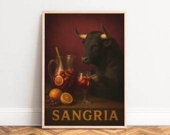 Sangria Poster, Vintage Still Life Wall Art, Deep Red, Kitchen, Living Room, Wine Lover Gift