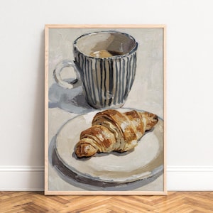 Poster con pennellata di croissant e tazza di caffè, natura morta per la colazione, toni beige neutri, stampa a olio strutturata per l'arte murale della cucina