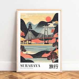 Surabaya Reiseposter,    Ostjava Brücken-Illustration,    Koralle Türkis Landschaft,    Sonnenuntergang Wandkunst
