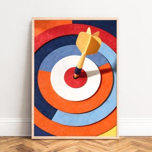 Poster modern geometric bullseye with yellow dart,  bold orange blue red color blocks,  midcentury office decor for goals and focus