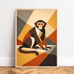 Affiche : Affiche Art Déco avec singe géométrique, tons chauds ocre et orange rouille, affiche graphique moderne du milieu du siècle pour le salon, A1/A2/A3/A4