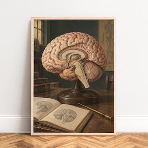 Può includere: Un dettagliato modello anatomico di un cervello umano nei toni del rosa e del beige, montato su un piedistallo in legno scuro. Un libro d'epoca aperto con illustrazioni mediche in bianco e nero e un puntatore in metallo poggiano sul tavolo.