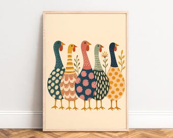 Goose Poster, Boho Animal Wall Art, Cream Multicolor, Nursery Living Room, Gift for Animal Lovers A1/A2/A3/A4