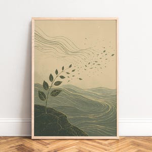 May include: A framed vertical wall art print featuring a stylized landscape with a dark green cliff edge and a small plant with leaves blowing away in the wind. The background consists of wavy lines in muted beige and green tones on a textured surface.