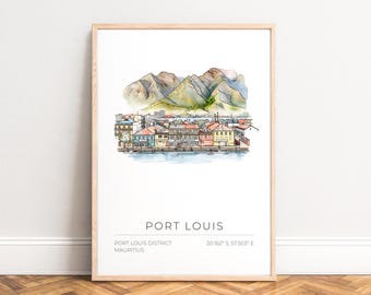Port Louis Poster,  Mauritius harbor watercolor cityscape print - mountain backdrop,  UNFRAMED