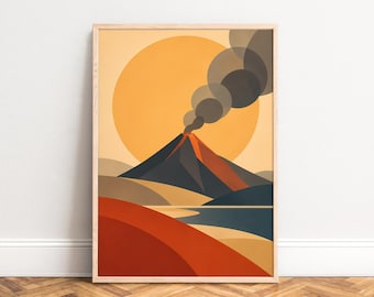 Volcano Poster, Retro Landscape Wall Art, Orange Brown, Living Room Office, Nature Gift A1/A2/A3/A4