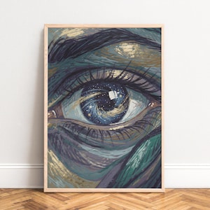 Affiche Œil, Peinture abstraite au pinceau, Touche cosmique mystique, Palette turquoise, marine et or, Impression Iris Galaxie pour décoration murale de salon XL