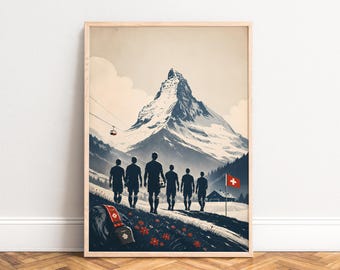 Matterhorn Poster, Vintage Mountain Wall Art, Blue Beige, Living Room, Office, Alpine Gift A1/A2/A3/A4