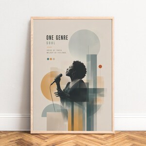 Könnte beinhalten: Ein gerahmtes Poster mit der Silhouette einer Person, die in ein Mikrofon singt. Der Text lautet ONE GENRE, SOUL, VOICE OF TRUTH, MELODY OF FEELINGS. Das Design enthält geometrische Formen in gedeckten Beige-, Orange-, Blau- und Grautönen.