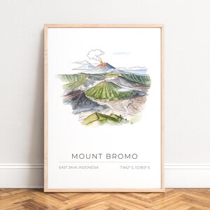 Mount Bromo poster, aquarel reisposter, minimalistisch groen-grijs landschap, ONGEKADERD