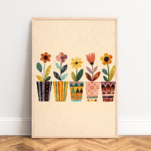 May include: A framed print featuring six colorful flowers in patterned pots. The flowers have orange, pink, yellow, and orange petals with green leaves. The pots are decorated with stripes, triangles, and circles. The background is a light beige.