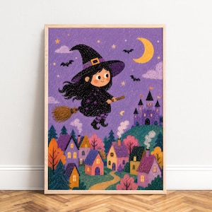 Peut inclure: Une impression d'art encadrée représentant une sorcière de dessin animé aux cheveux noirs avec un chapeau pointu volant sur un balai au-dessus d'un village coloré. Le ciel nocturne est violet avec un croissant de lune jaune, des étoiles et des chauves-souris.
