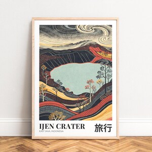 Reiseplakat Ijen Krater, stilisierte Schichtenlandschaft, türkisblauer See und warmes Rot-Ocker, UNGERAHMT