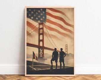 Golden Gate Poster, Vintage Travel Wall Art, Red Blue, Living Room Office, Gift for USA Fans A1/A2/A3/A4
