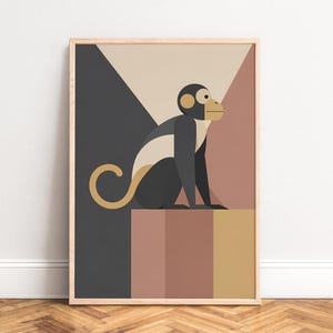 Poster Mid Century geometric monkey minimal flat illustration muted terracotta mustard and charcoal tones modern wall decor print