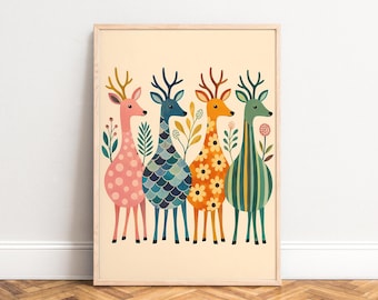 Deer Poster, Boho Animal Wall Art, Pastel Colors, Nursery Living Room, Gift for Animal Lovers A1/A2/A3/A4