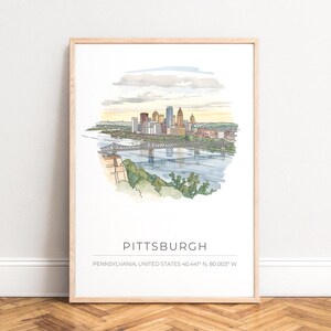 Poster met de skyline van Pittsburgh, aquarel stadsbeeldprint, uitzicht op de Riverside Bridge, pastel zonsondergang, architectonische muurdecoratie, ONGEKADERD
