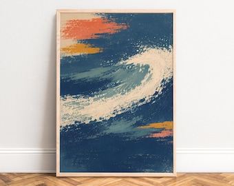May include: A rectangular wall art print in a light wood frame featuring an abstract painting with a deep navy blue background, a prominent cream-colored curved brushstroke, and smaller horizontal strokes in orange and mustard yellow.
