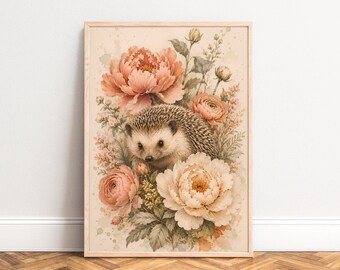 Hedgehog Flower Poster, Vintage Botanical Wall Art, Blush Beige, Living Room, Nursery, Animal Lover Gift A1/A2/A3/A4