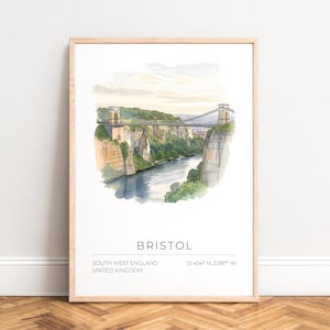 Bristol Brücke Poster, Clifton Suspension Bridge Druck, Aquarell Tinte Stadtansicht, Fluss Avon Reisegeschenk, Modernes Wohndekor, UNGERAHMT