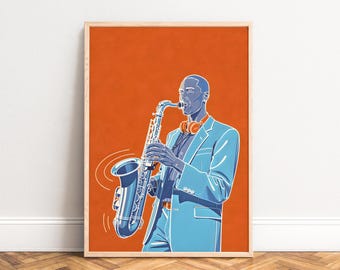 Saxophone Poster,  modern jazz illustration,  blue,  orange palette,  musician portrait wall art - stylish living room or studio decor