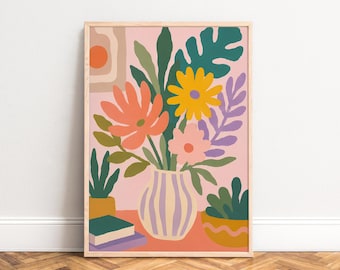 Flower Poster, Mid-Century Wall Art, Pastel Pink, Living Room, Office Decor, Plant Lover Gift A1/A2/A3/A4