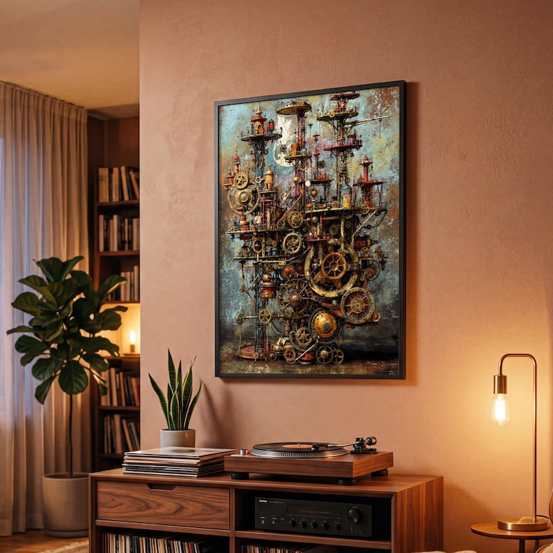Steampunk Machine Poster, Vintage Industrial Art, Brown Gold, Living ...