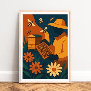 Poster - Illustratie van een imker, bloemenmotief uit het midden van de 20e eeuw, warme oranje en donkerblauwe tinten, ONGEKADERD