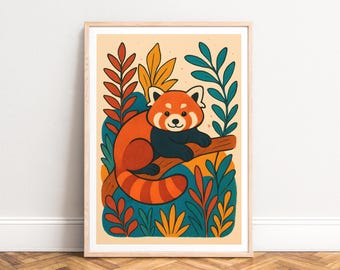Poster Red panda illustration, Boho retro style, Orange teal palette, UNFRAMED