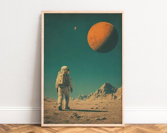 Astronaut Poster, Retro Sci-Fi Wall Art, Orange Teal, Living Room, Office, Space Gift A1/A2/A3/A4
